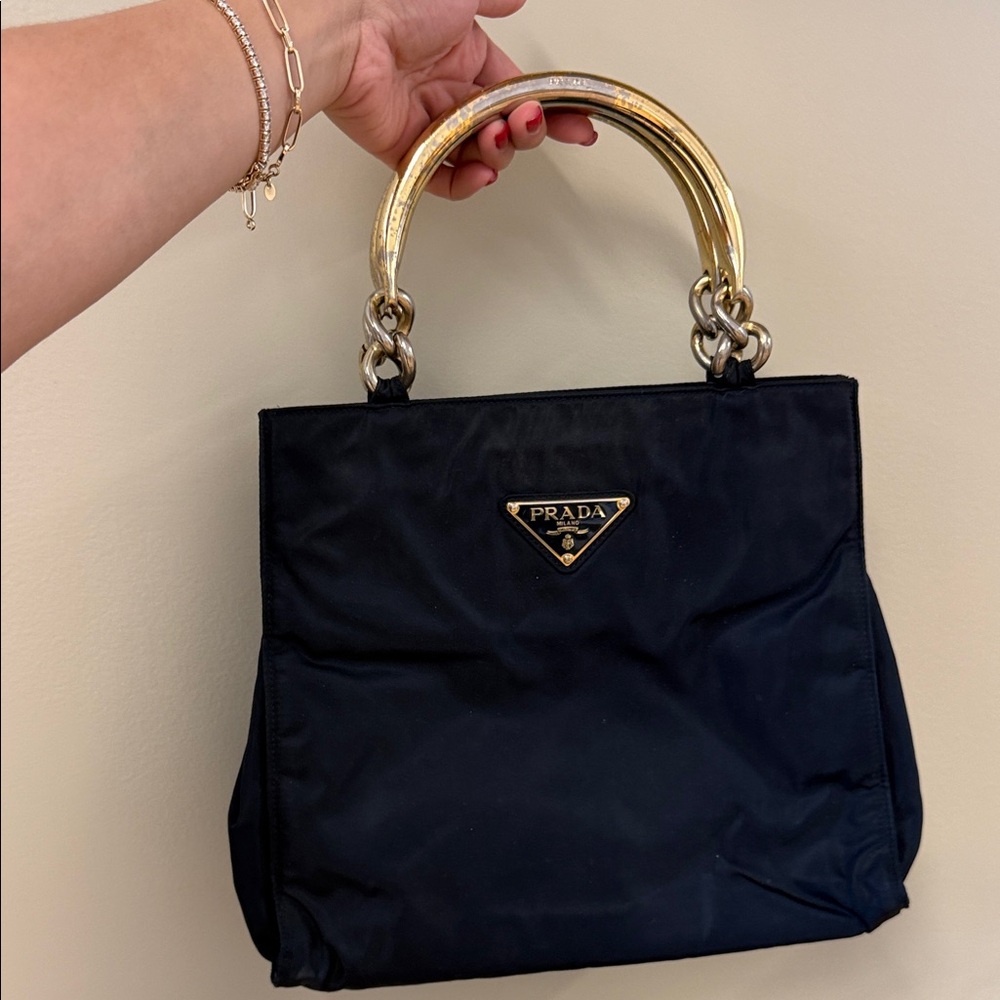 Prada Navy Tote with Gold Handles